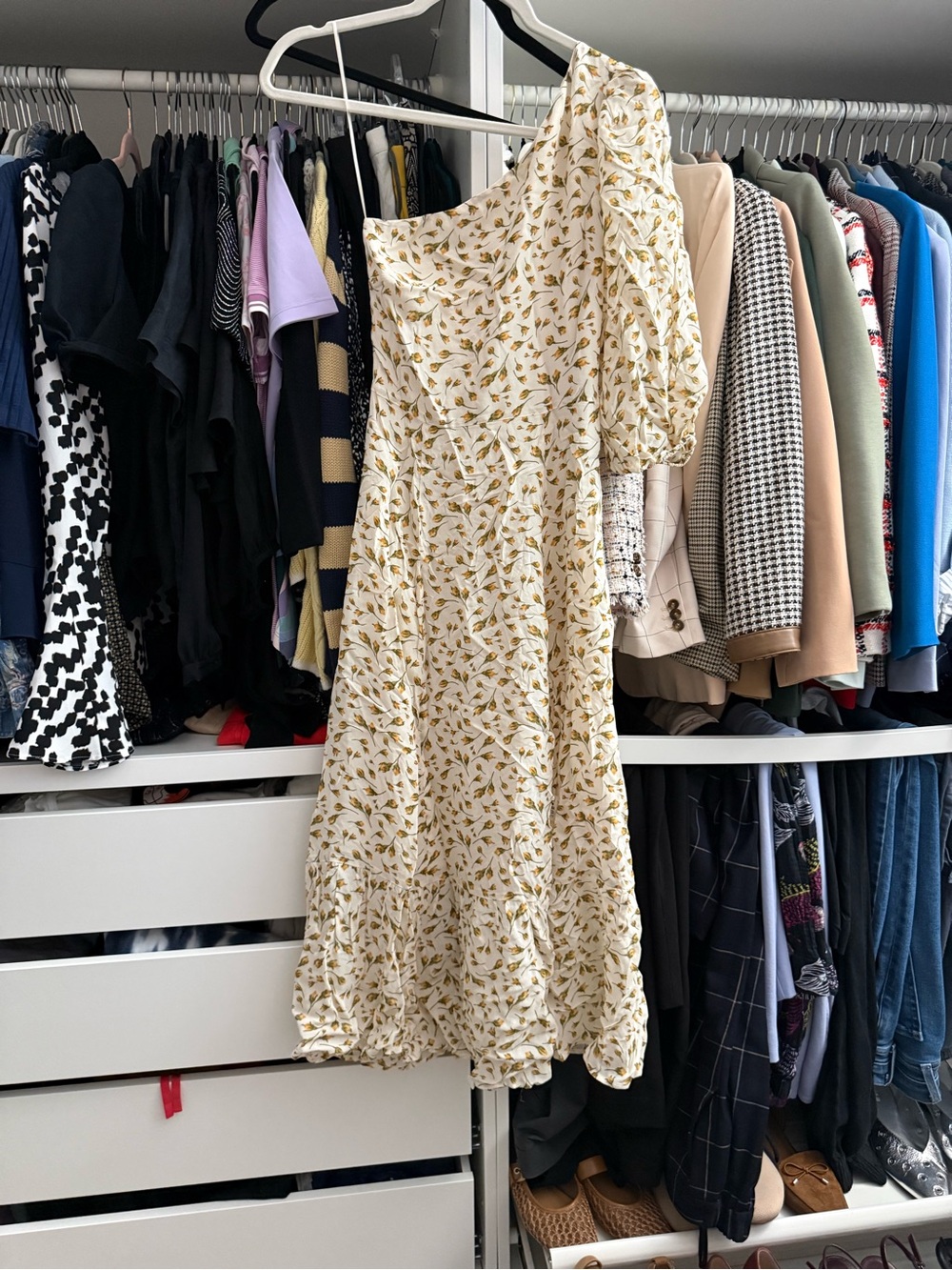 Reformation One-Shoulder Cream Floral Dress